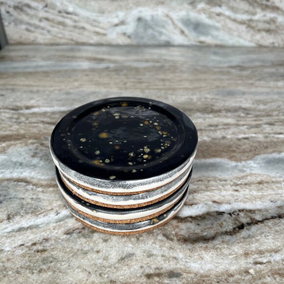 Stoneware Glazed Coasters Mottled Speckled Partridge Feather Spots Set of 4 - Picture 7 of 10